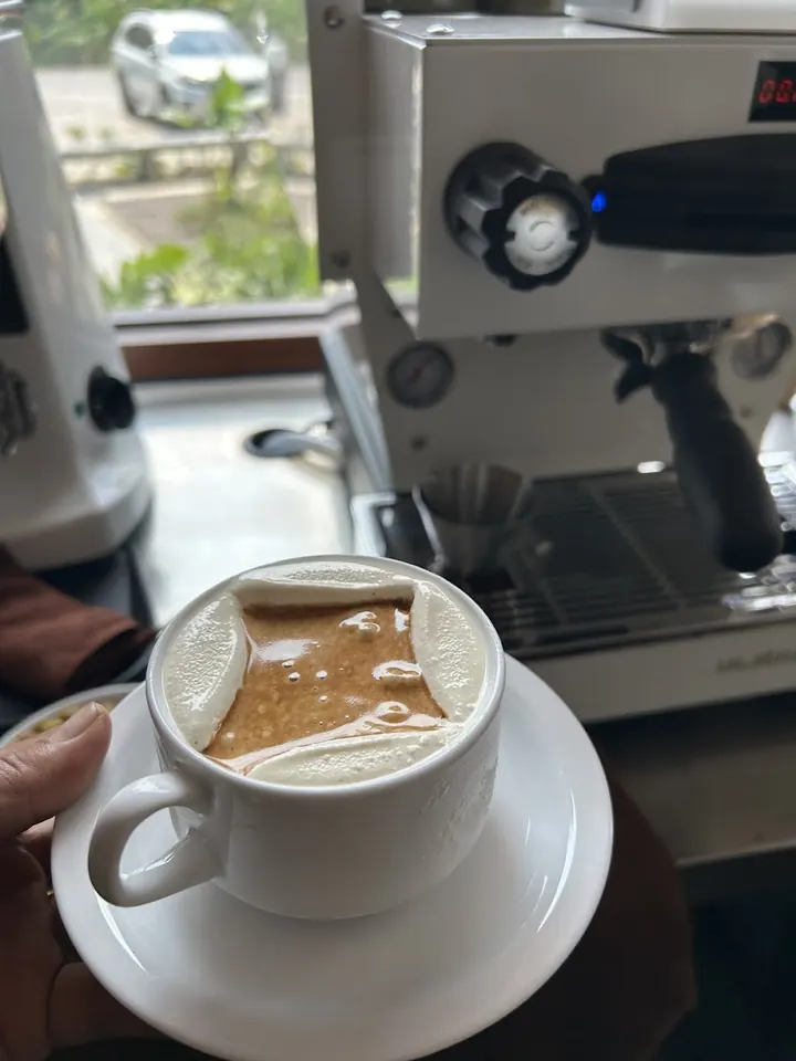 A freshly made cup in front of the espresso machine at the bar.